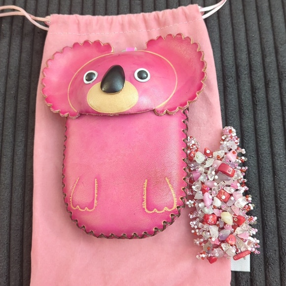 Accessories - Pink Koala Genuine Leather Coin Pouch with Beaded Stone Chips Bracelet